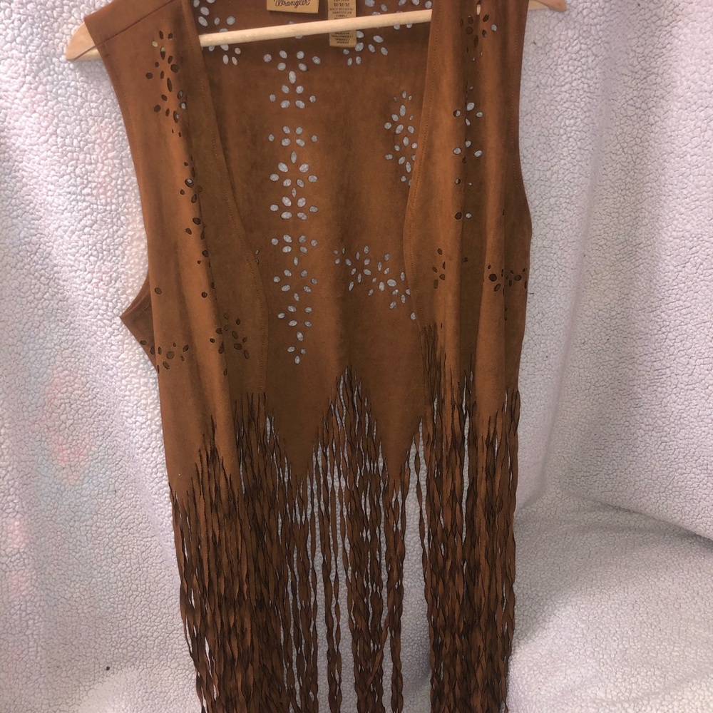 A leather wranglers long frilly vest